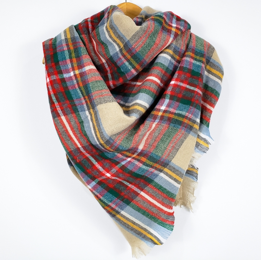 Cozy at Heart Plaid Blanket Scarf (Tan)